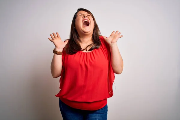 Schöne Brünette Size Frau Trägt Lässiges Rotes Shirt Über Isoliertem — Stockfoto