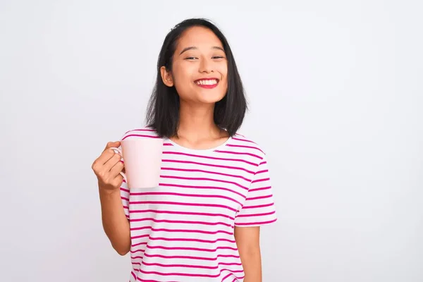 Jonge Mooie Chinese Vrouw Drinken Kopje Koffie Geïsoleerde Witte Achtergrond — Stockfoto