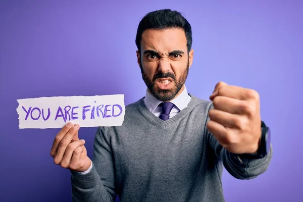 Young Handsome Businessman Beard Holding Paper You Fired Message Annoyed — Stock Photo, Image