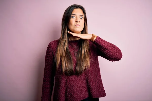 Young Beautiful Girl Wearing Casual Sweater Isolated Pink Background Cutting — Stock Photo, Image