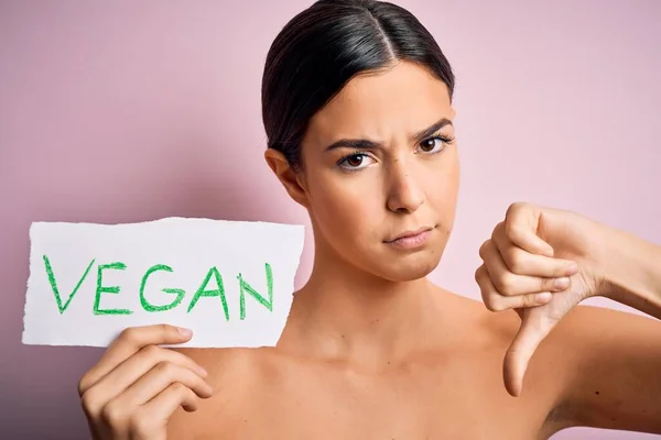 Young Beautiful Girl Holding Paper Vegan Message Isolated Pink Background — Stock Photo, Image