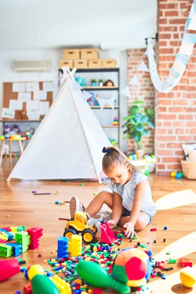 Young Beautiful Blonde Girl Kid Enjoying Play School Toys Kindergarten — Stock Photo, Image