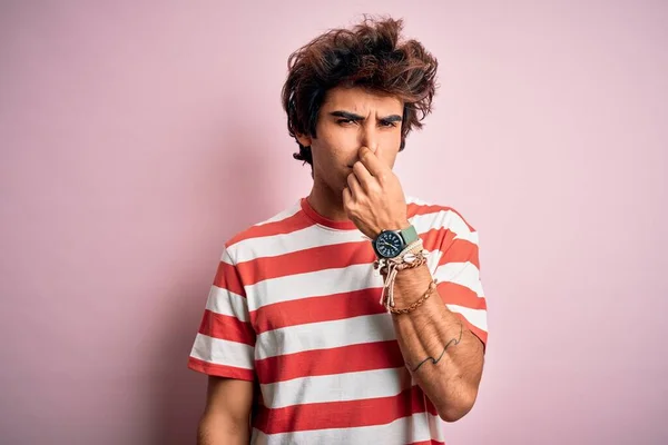 Young Handsome Man Wearing Striped Casual Shirt Standing Isolated Pink — Stock Photo, Image