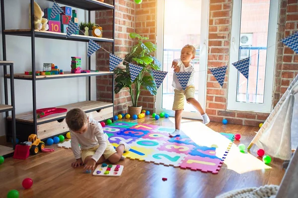 Adorable Blonde Twins Playing Lots Toys Kindergarten — Stock Photo, Image