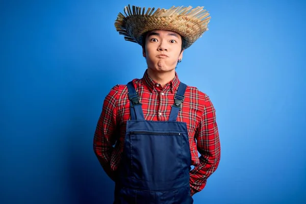 Young handsome chinese farmer man wearing apron and straw hat over blue background puffing cheeks with funny face. Mouth inflated with air, crazy expression.