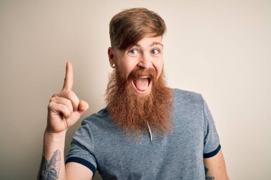 Sakallı ve kolunda dövme olan yakışıklı İrlandalı kızıl adam izole edilmiş arka planda duruyor ve başarılı bir fikri işaret ediyor. Heyecanlı ve mutlu. Bir numara..
