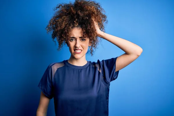 Young Beautiful Woman Curly Hair Piercing Wearing Casual Blue Shirt — Stock Photo, Image