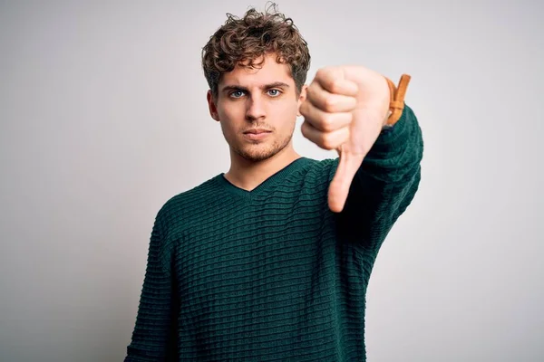 Young Blond Handsome Man Curly Hair Wearing Green Sweater White — ストック写真