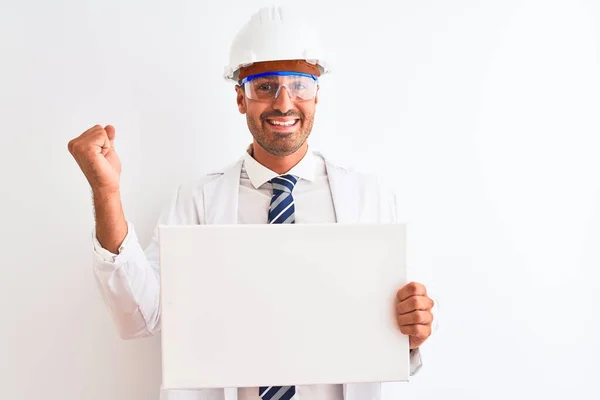 Young Chemist Man Wearing Security Helmet Holding Signboard Isolated Background — Stock Photo, Image