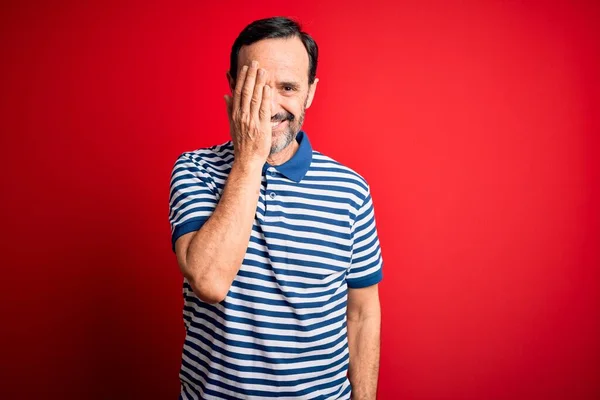 Middle Age Hoary Man Wearing Casual Striped Polo Standing Isolated — Stockfoto