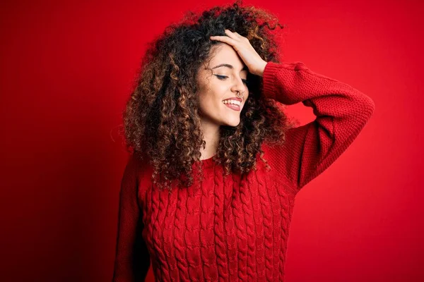 Young Beautiful Woman Curly Hair Piercing Wearing Casual Red Sweater — Stock Photo, Image