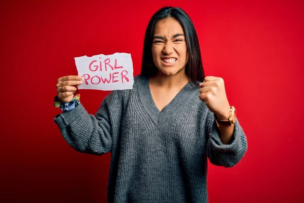 Young Beautiful Asian Woman Holding Banner Girl Power Message Red — Stock Photo, Image