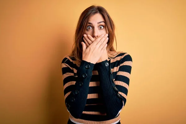 Young Beautiful Brunette Woman Wearing Striped Turtleneck Sweater Yellow Background — Stock Photo, Image