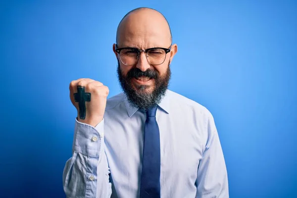 Hombre Calvo Negocios Guapo Con Barba Usando Corbata Elegante Gafas —  Fotos de Stock