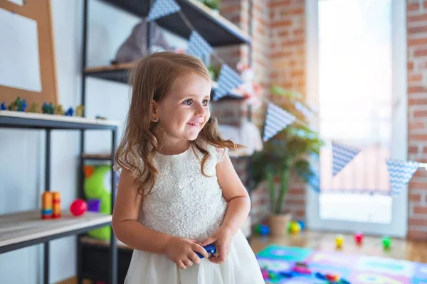 Adorable Blonde Toddler Smiling Happy Standing Smile Face Lots Toys — Stock Photo, Image