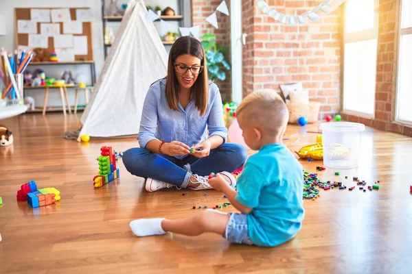 Young Caucasian Child Playing Playschool Teacher Mother Son Playroom Bulding — Stock Photo, Image
