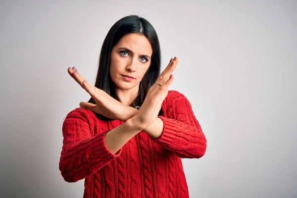 Young Brunette Woman Blue Eyes Wearing Casual Sweater Isolated White — Stockfoto