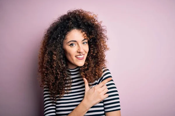 Young Beautiful Woman Curly Hair Piercing Wearing Casual Striped Shirt — Stock Photo, Image