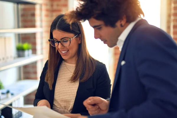 Two Young Beautiful Business Workers Smiling Happy Confident Standing Smile — Stockfoto