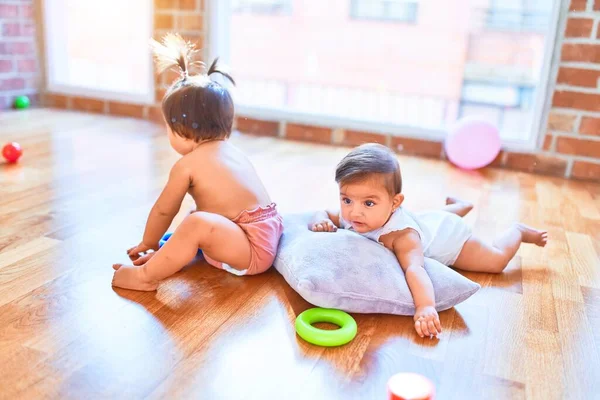 Beautiful Infant Happy Girls Playing Together Home Kindergarten Sitting Wooden — Stock Photo, Image