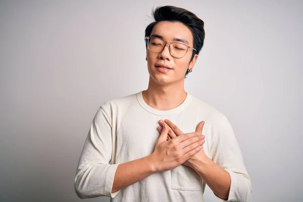 Young Handsome Chinese Man Wearing Casual Shirt Glasses White Background — Stock Photo, Image