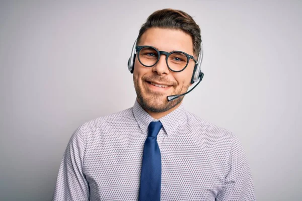 Jonge Callcenter Operator Zakenman Met Blauwe Ogen Met Bril Headset — Stockfoto