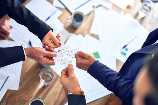 Group Business Hands Trying Connect Puzzle Pieces Office — 스톡 사진