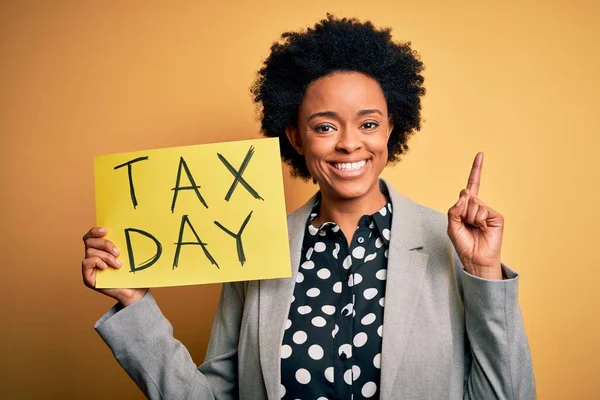 Young African American Afro Woman Curly Hair Holding Paper Tax — Stock Photo, Image