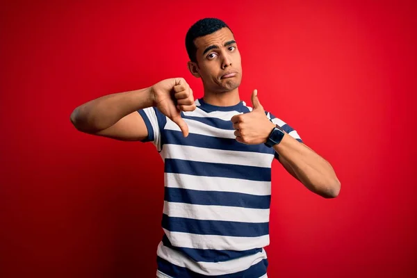 Handsome African American Man Wearing Casual Striped Shirt Standing Red — Stock Photo, Image