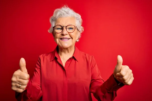 Senior Bella Donna Dai Capelli Grigi Indossa Camicia Casual Occhiali — Foto Stock