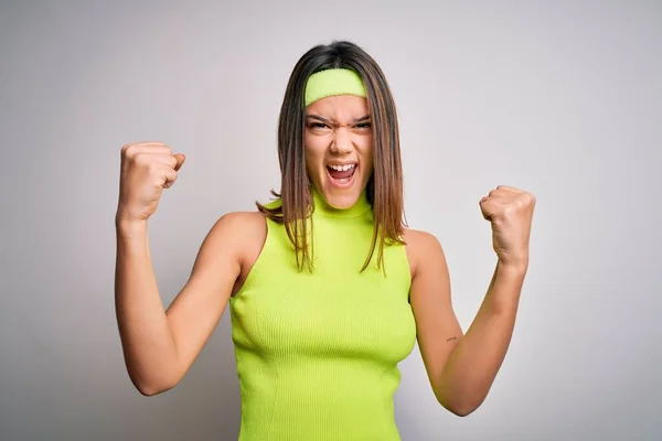 Jonge Mooie Sportieve Meisje Doet Sport Dragen Sportkleding Geïsoleerde Witte — Stockfoto