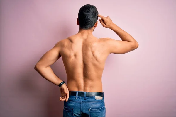 Young Handsome Strong Man Beard Shirtless Standing Isolated Pink Background — Stock Photo, Image