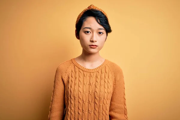 Young Beautiful Asian Girl Wearing Casual Sweater Diadem Standing Yellow — Stock Photo, Image