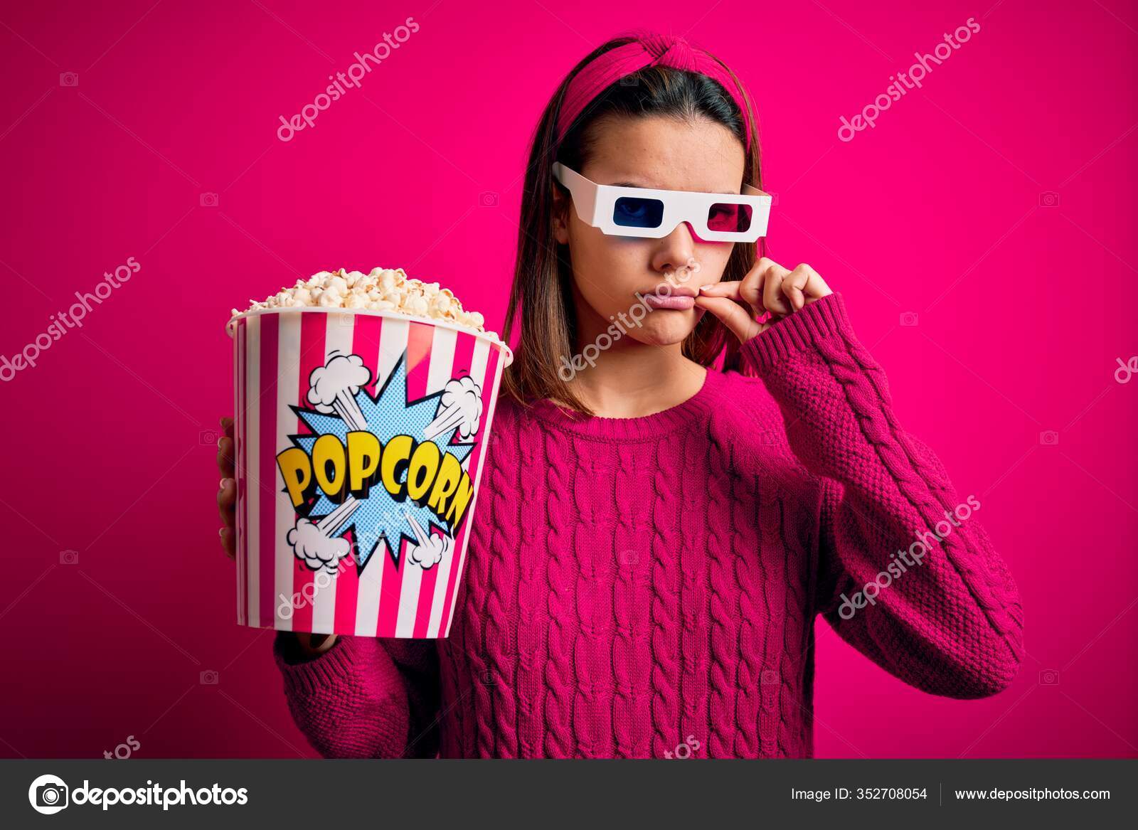Young Beautiful Girl Watching Movie Using Glasses Eating Box Popcorns Stock  Photo by ©Krakenimages.com 352708054