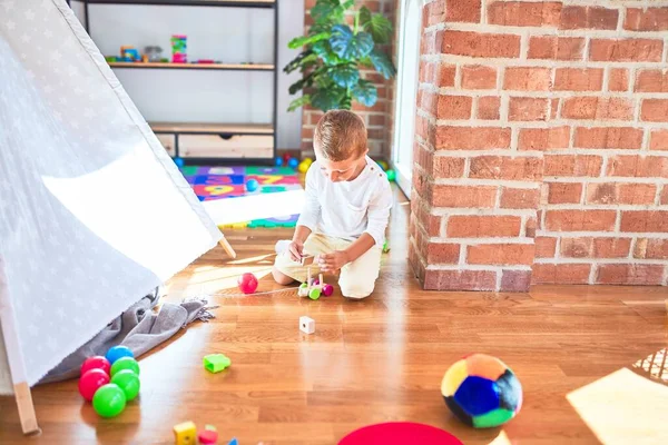 Beautiful Blonde Toddler Playing Lots Toys Kindergarten — Stock Photo, Image