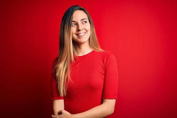 Jonge Mooie Blonde Vrouw Met Blauwe Ogen Dragen Casual Shirt — Stockfoto