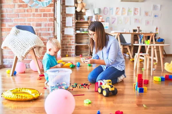 Young Caucasian Child Playing Playschool Teacher Mother Son Playroom Bulding — Stock Photo, Image