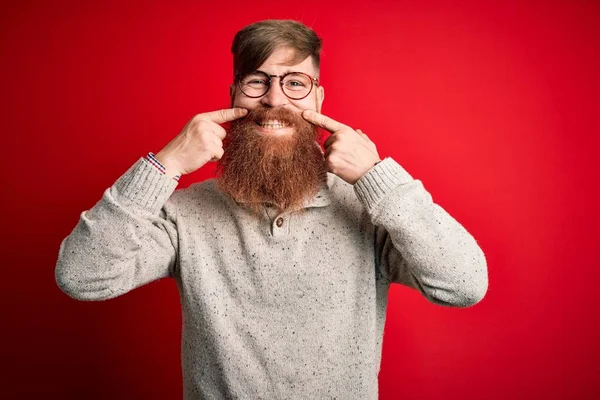 Handsome Irish Redhead Man Beard Wearing Casual Sweater Glasses Red — Stock Photo, Image