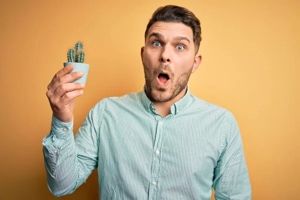 Joven Con Ojos Azules Sosteniendo Maceta Cactus Fresco Sobre Fondo — Foto de Stock