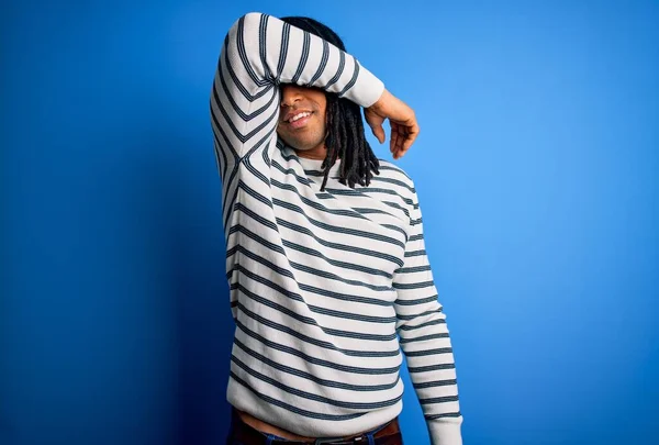 Young Handsome African American Afro Man Dreadlocks Wearing Casual Striped — Stock Photo, Image