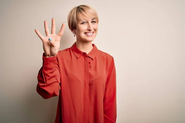 Joven Hermosa Mujer Rubia Negocios Con Pelo Corto Pie Sobre Imagen De Stock