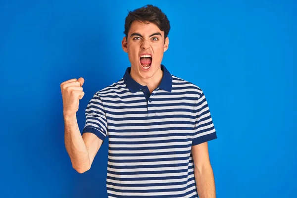 Teenager Boy Wearing Casual Shirt Standing Blue Isolated Background Angry — Stock Photo, Image