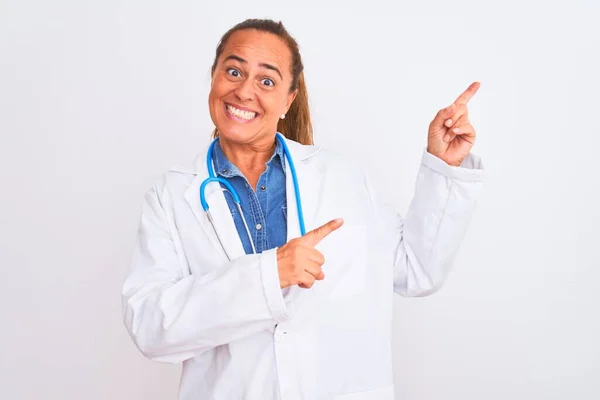 Middle Age Mature Doctor Woman Wearing Stethoscope Isolated Background Smiling — Stock Photo, Image