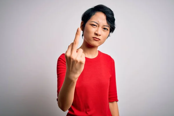 Young Beautiful Asian Girl Wearing Casual Red Shirt Standing Isolated — 스톡 사진