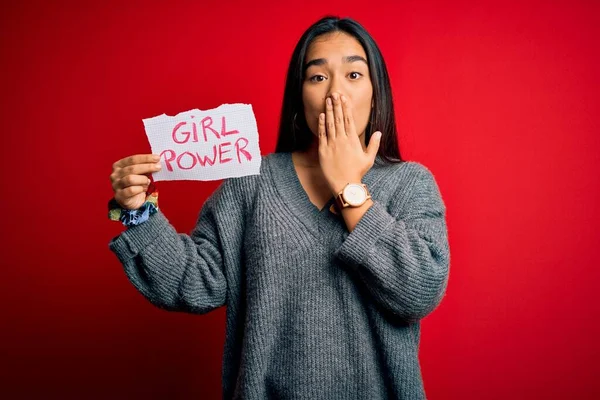 Young Beautiful Asian Woman Holding Banner Girl Power Message Red — Stock Photo, Image