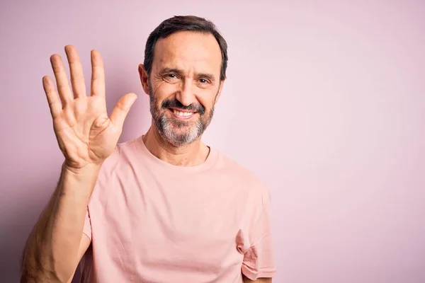 Middle Age Hoary Man Wearing Casual Shirt Standing Isolated Pink — Stock Photo, Image