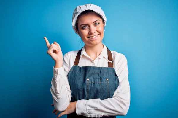 Young Beautiful Baker Woman Blue Eyes Wearing Apron Cap Blue — Stock Photo, Image