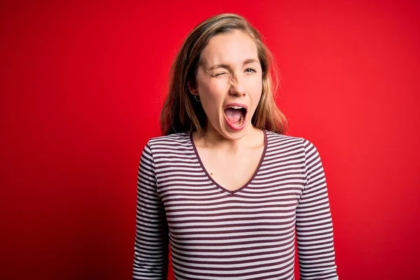 Young Beautiful Blonde Woman Wearing Casual Striped Shirt Isolated Red — Stock Photo, Image