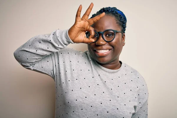 Young African American Size Woman Braids Wearing Casual Sweatshirt Glasses — Stock Photo, Image