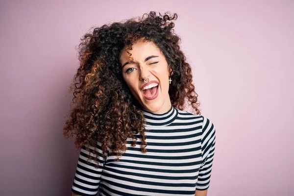 Young Beautiful Woman Curly Hair Piercing Wearing Casual Striped Shirt — Stock Photo, Image